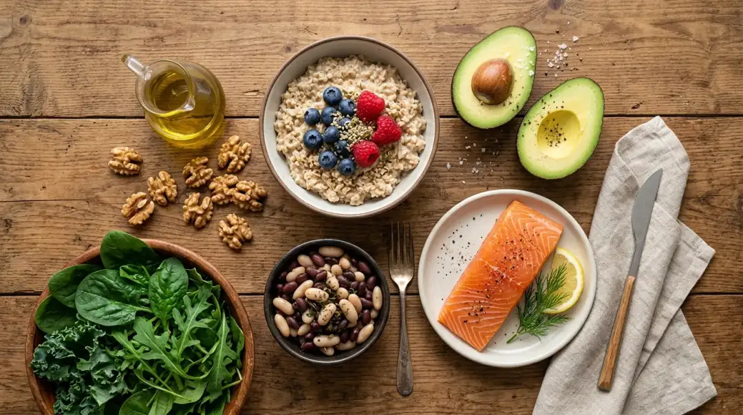 A flat-lay of cholesterol-friendly foods: oats, avocado, salmon, walnuts, beans, greens, and olive oil